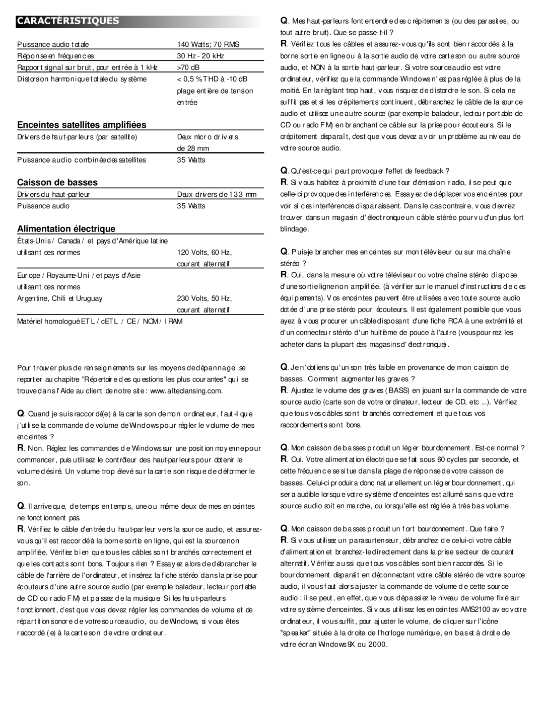 Altec Lansing 4100 manual Caractéristiques, Enceintes satellites amplifiées, Caisson de basses, Alimentation électrique 