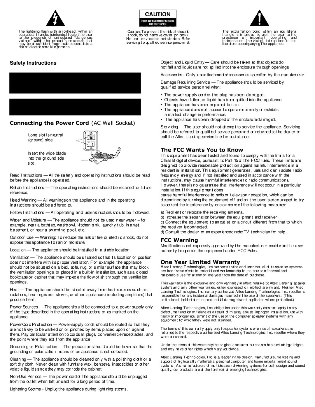 Altec Lansing 4100 Safety Instructions, Connecting the Power Cord AC Wall Socket, The FCC Wants You to Know, FCC Warning 