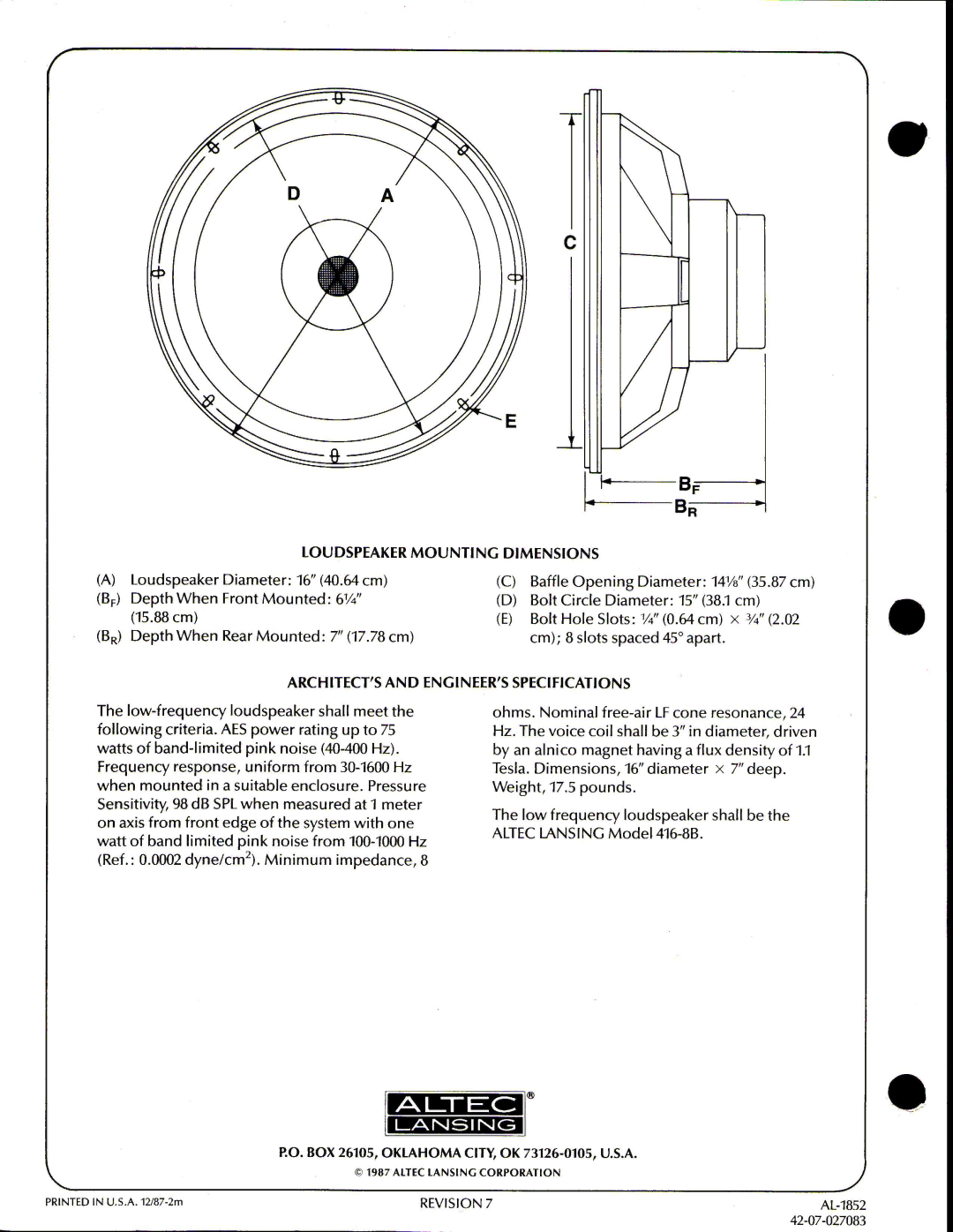 Altec Lansing 416-8B manual 