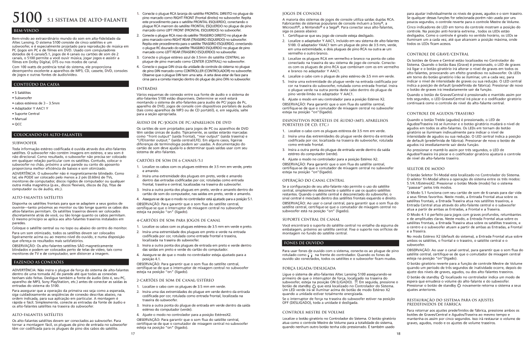 Altec Lansing 5100 manual Bem-Vindo, Conteúdo DA Caixa, Colocando OS ALTO-FALANTES, Fazendo AS Conexões, Fones DE Ouvido 