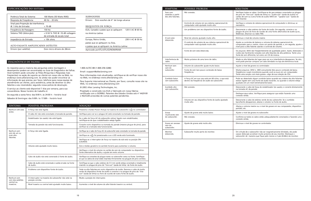 Altec Lansing 5100 manual Especificações do Sistema, Requisitos DE Força, ALTO-FALANTE Amplificados Satélites 