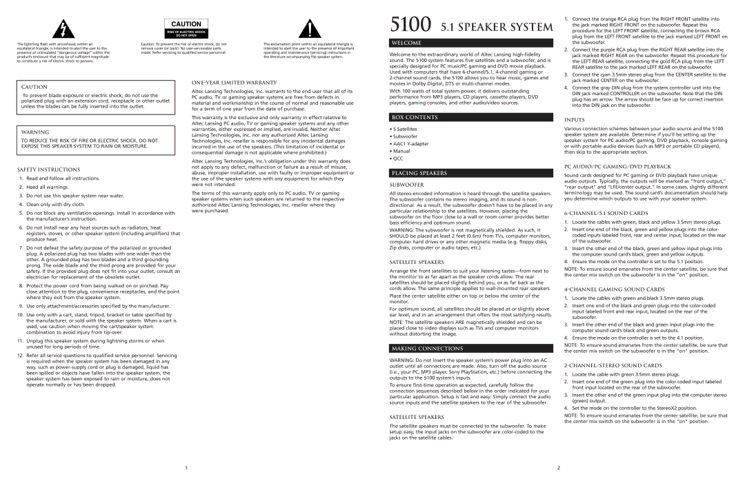 Altec Lansing 5100 manual Welcome, BOX Contents, Placing Speakers, Making Connections 