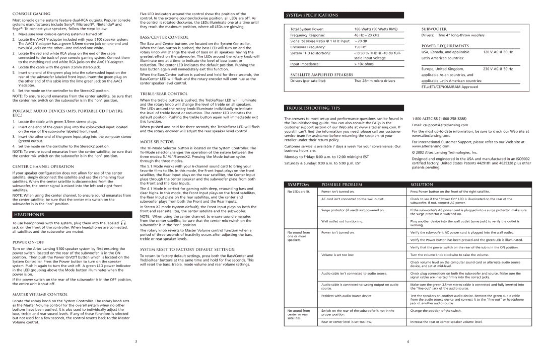 Altec Lansing 5100 manual System Specifications, Troubleshooting Tips, Headphones, Symptom Possible Problem Solution 