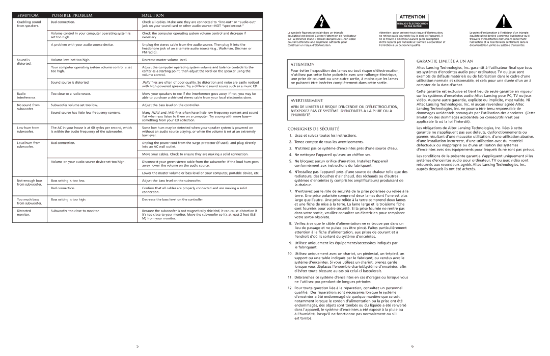 Altec Lansing 5100 manual Avertissement, Consignes DE Sécurité, Garantie Limitée À UN AN 