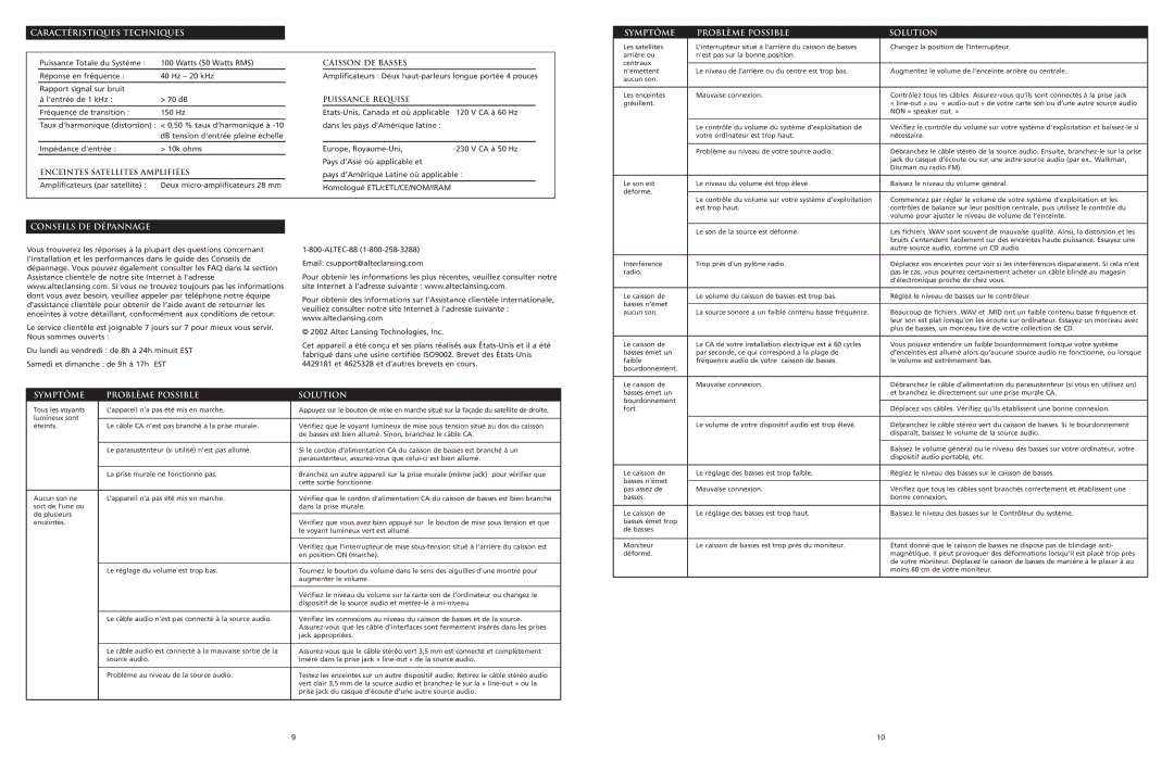 Altec Lansing 5100 Caractéristiques Techniques, Puissance Requise, Enceintes Satellites Amplifiées, Conseils DE Dépannage 