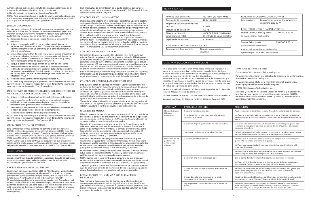 Altec Lansing 5100 manual Ficha Técnica, Guía Para Solucionar Problemas, Audífonos, Síntoma Problema Posible Solución 