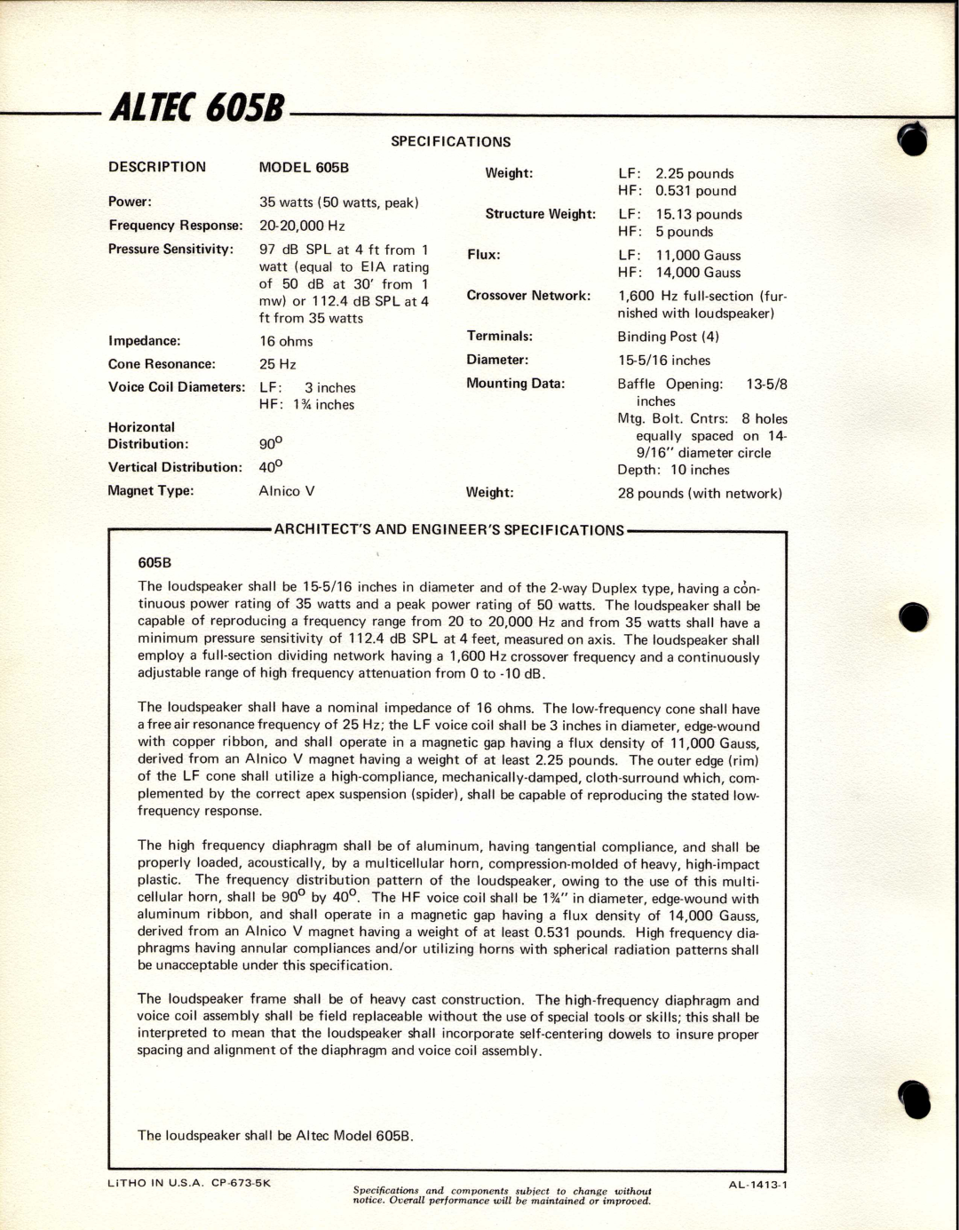 Altec Lansing 605B manual 