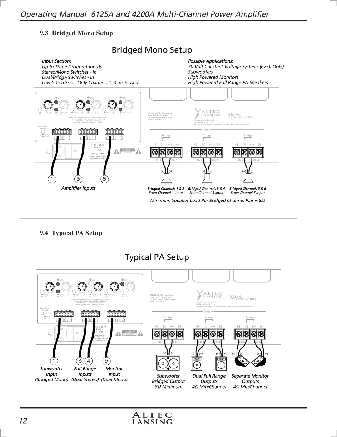 Altec Lansing 6125A, 4200A manual Bridged Mono Setup 