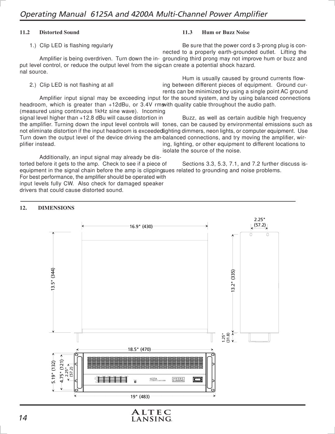Altec Lansing 6125A, 4200A manual Distorted Sound, Hum or Buzz Noise, Dimensions 