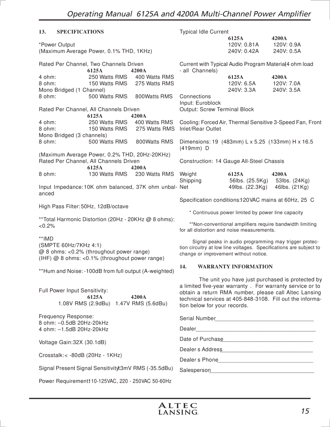 Altec Lansing manual Specifications, 6125A 4200A, 6125A4200A, Warranty Information 