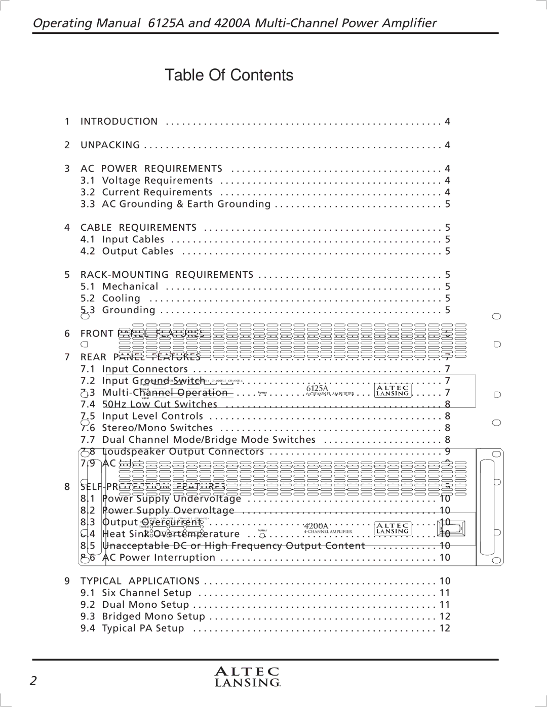 Altec Lansing 6125A, 4200A manual Table of Contents 