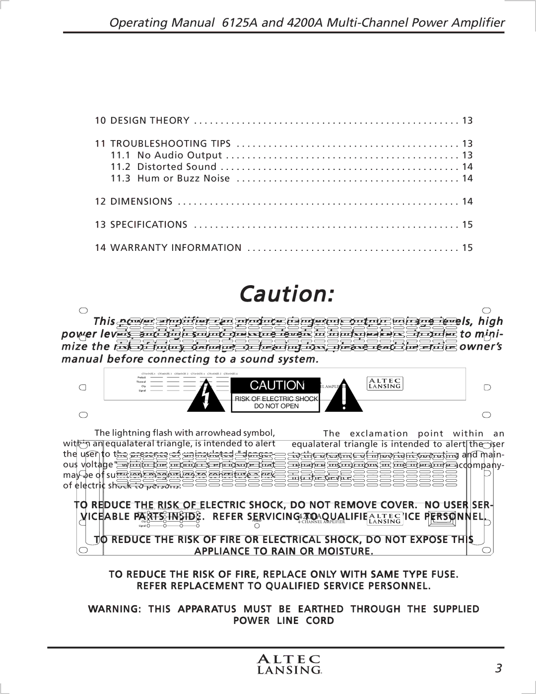 Altec Lansing 4200A, 6125A manual Risk of Electric Shock Do not Open 