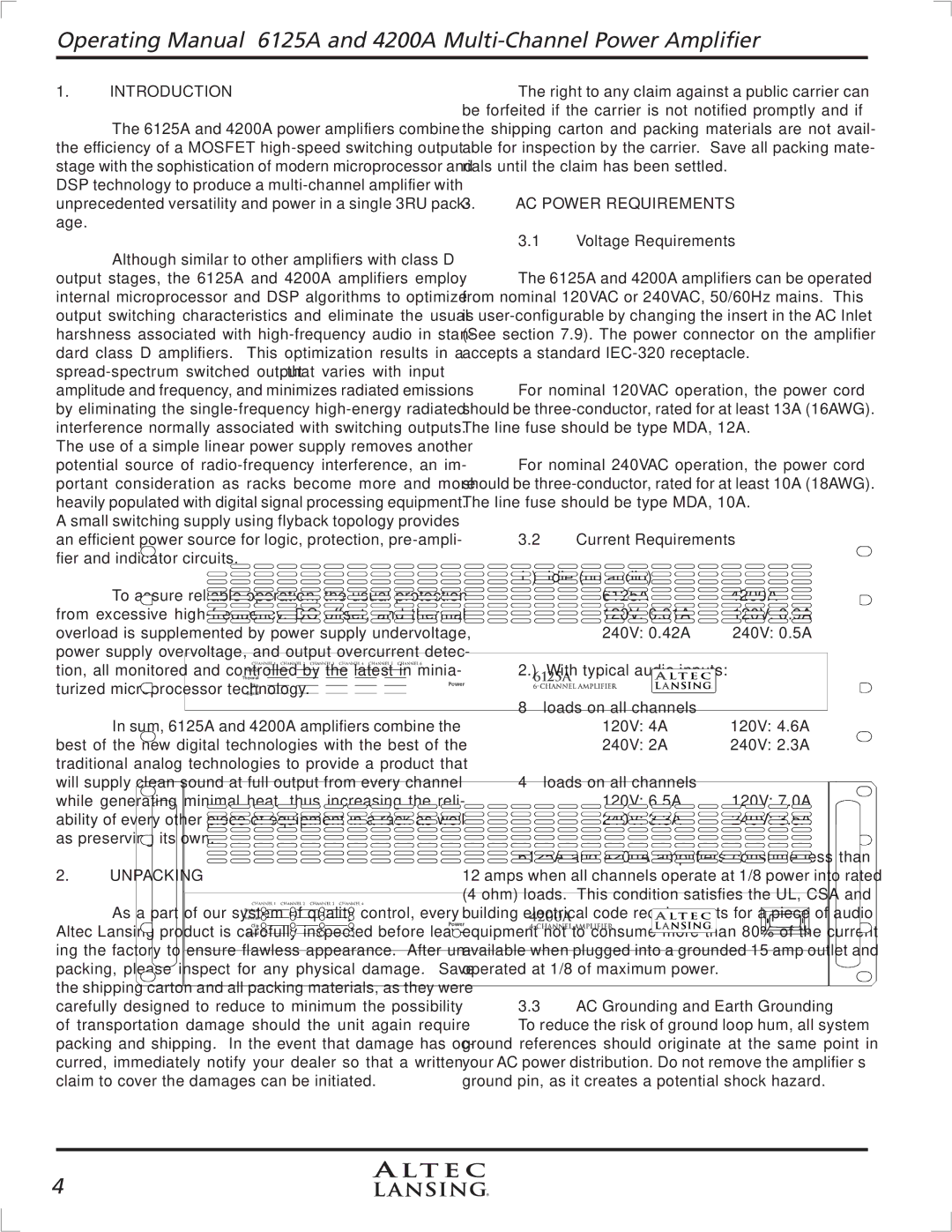 Altec Lansing 6125A, 4200A manual Introduction, Unpacking, AC Power Requirements, Voltage Requirements, Current Requirements 