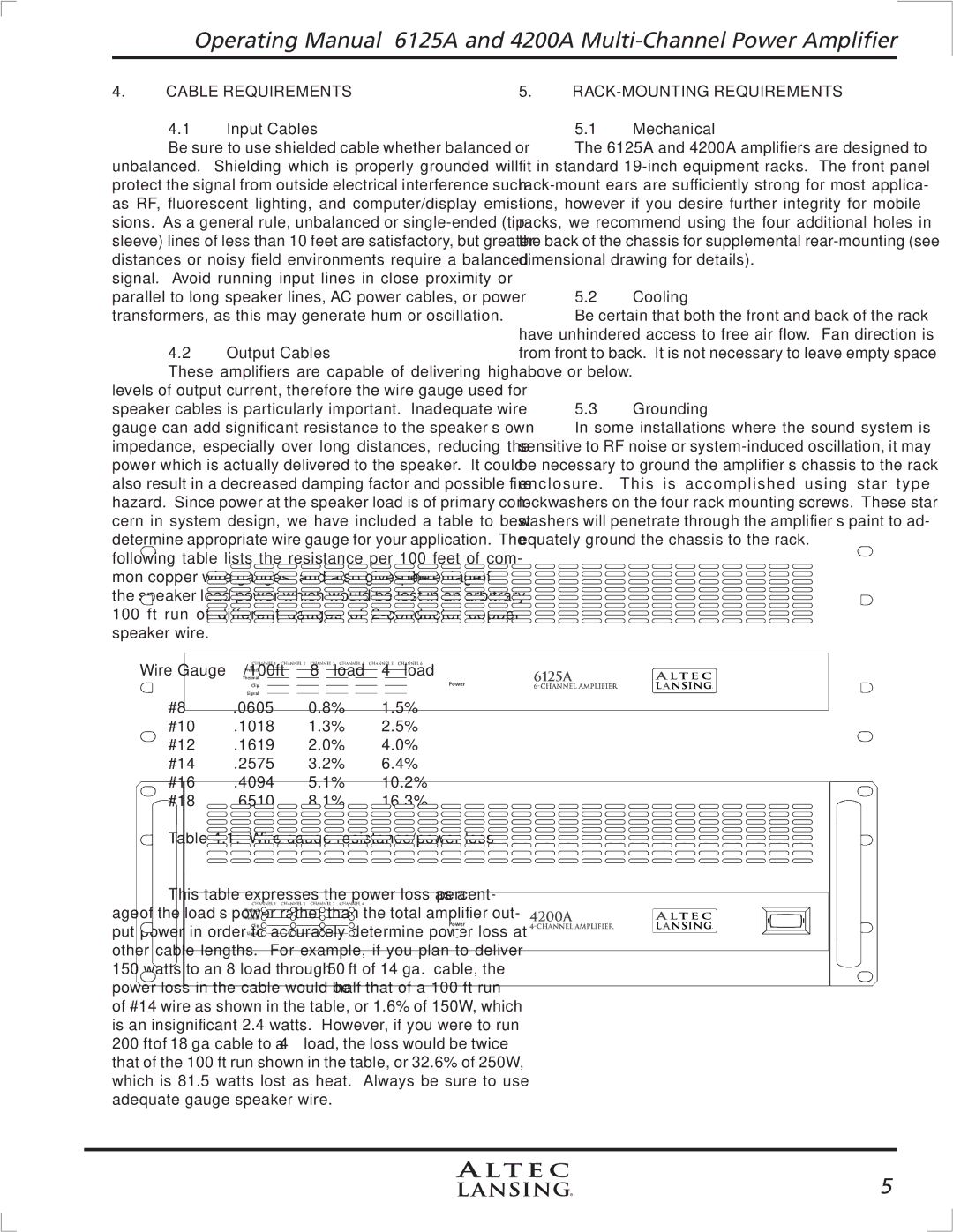 Altec Lansing 4200A, 6125A manual Cable Requirements, RACK-MOUNTING Requirements 