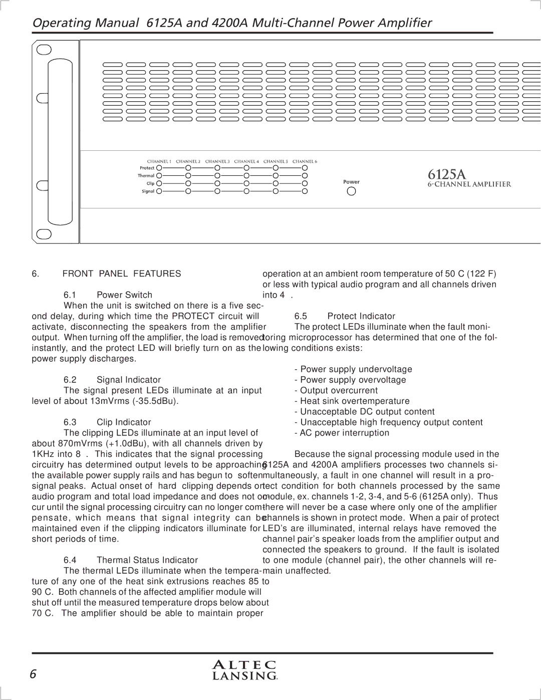 Altec Lansing 6125A, 4200A manual Front Panel Features 