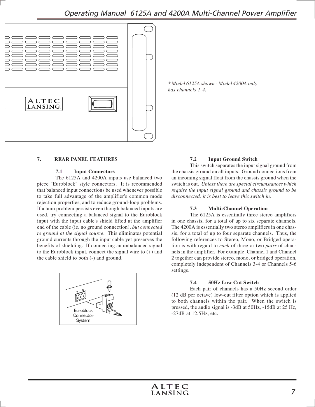 Altec Lansing 4200A, 6125A manual Rear Panel Features, Input Connectors, Input Ground Switch, Multi-Channel Operation 