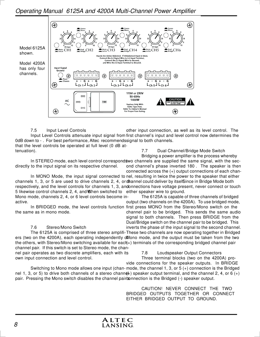 Altec Lansing 6125A, 4200A manual Input Level Controls, Stereo/Mono Switch 