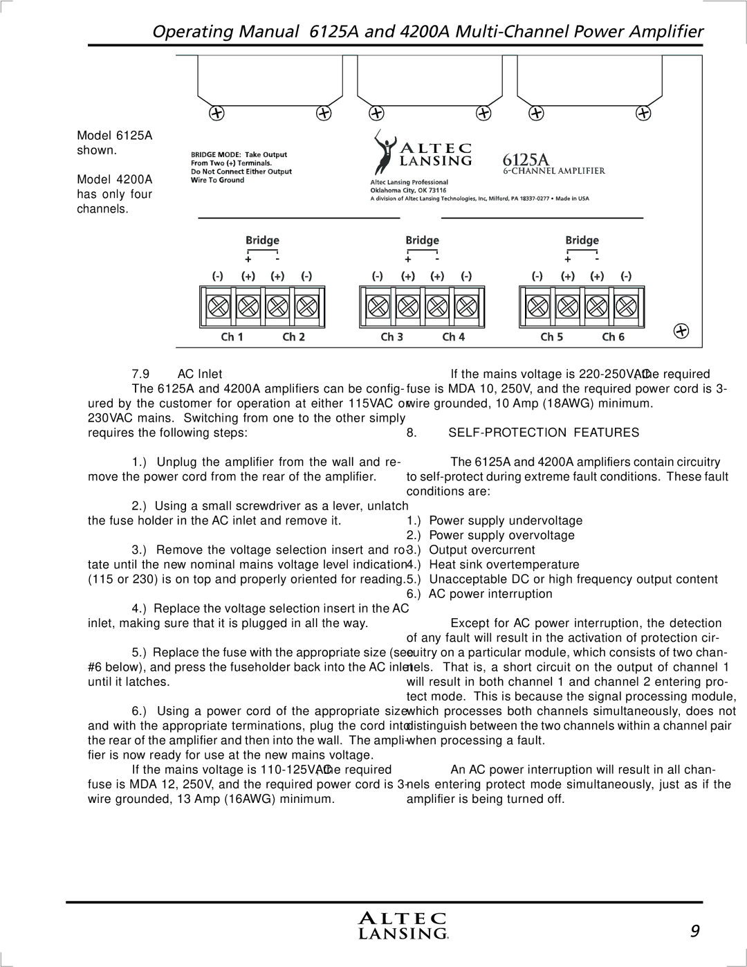 Altec Lansing 4200A, 6125A manual AC Inlet, SELF-PROTECTION Features 