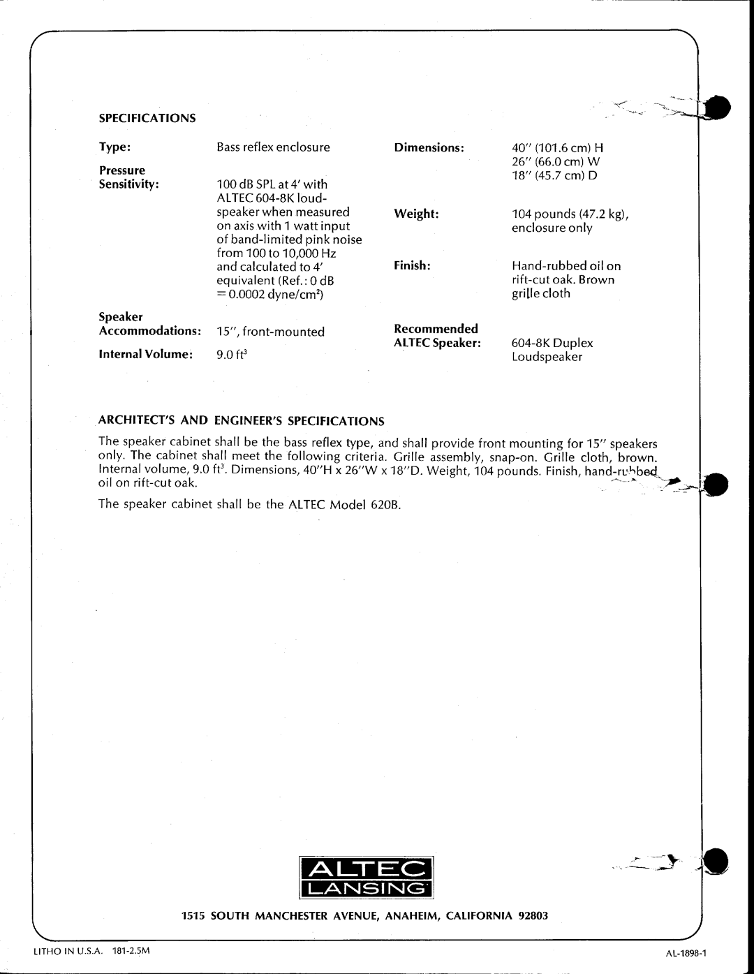 Altec Lansing 620B manual 