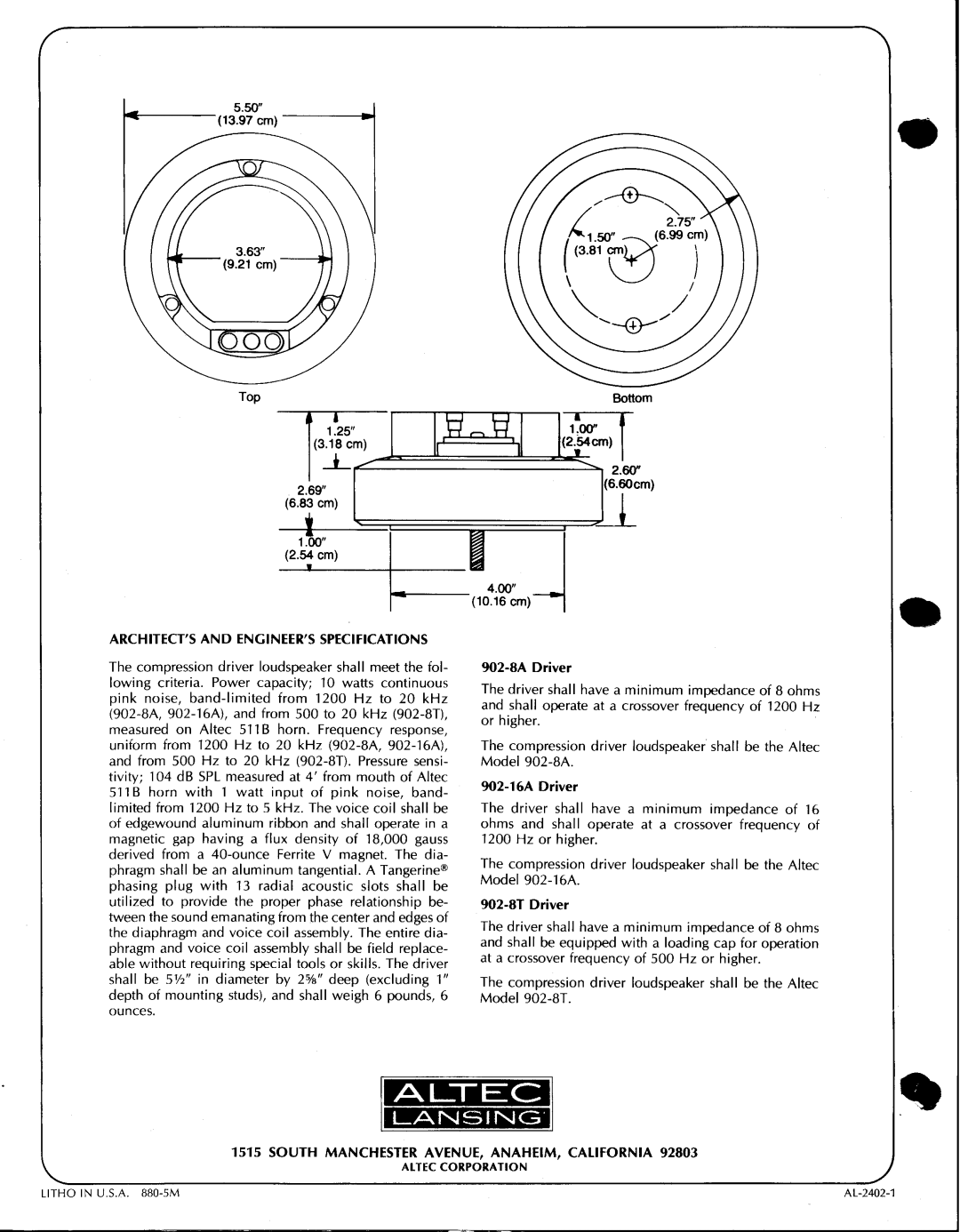 Altec Lansing 902-8T, 902-8A, 902-16A manual 