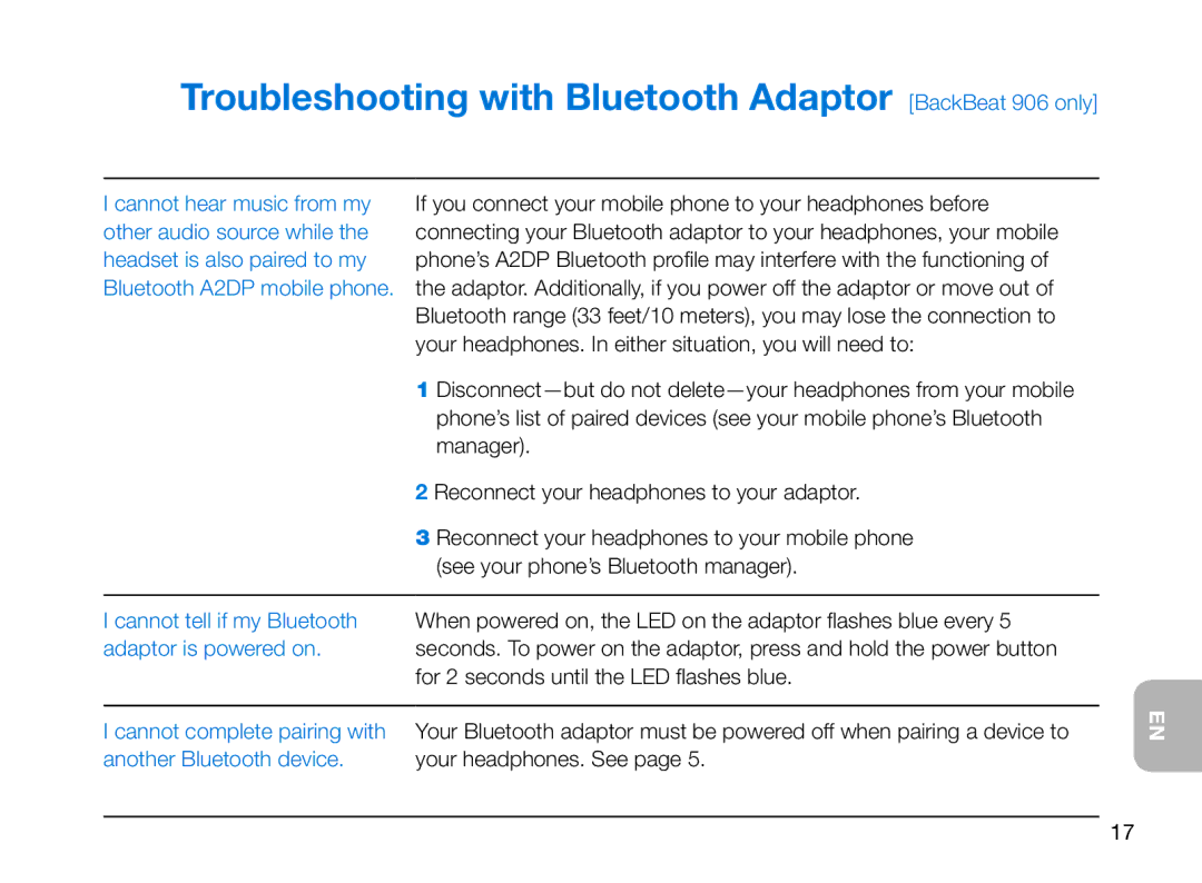 Altec Lansing 903 manual Troubleshooting with Bluetooth Adaptor BackBeat 906 only, Cannot tell if my Bluetooth 