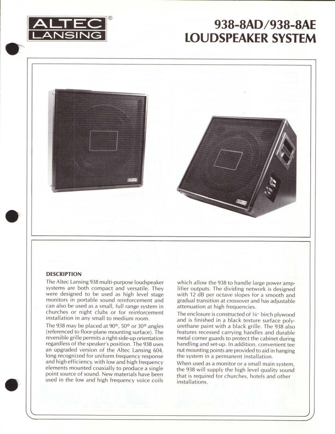 Altec Lansing 938-8AD, 938-8AE manual 