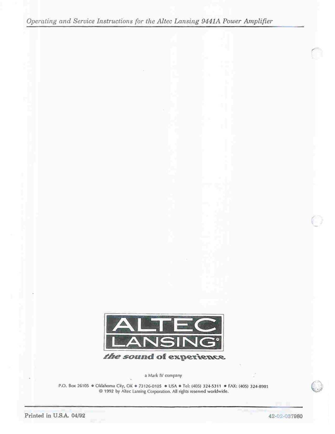 Altec Lansing 9441A manual 