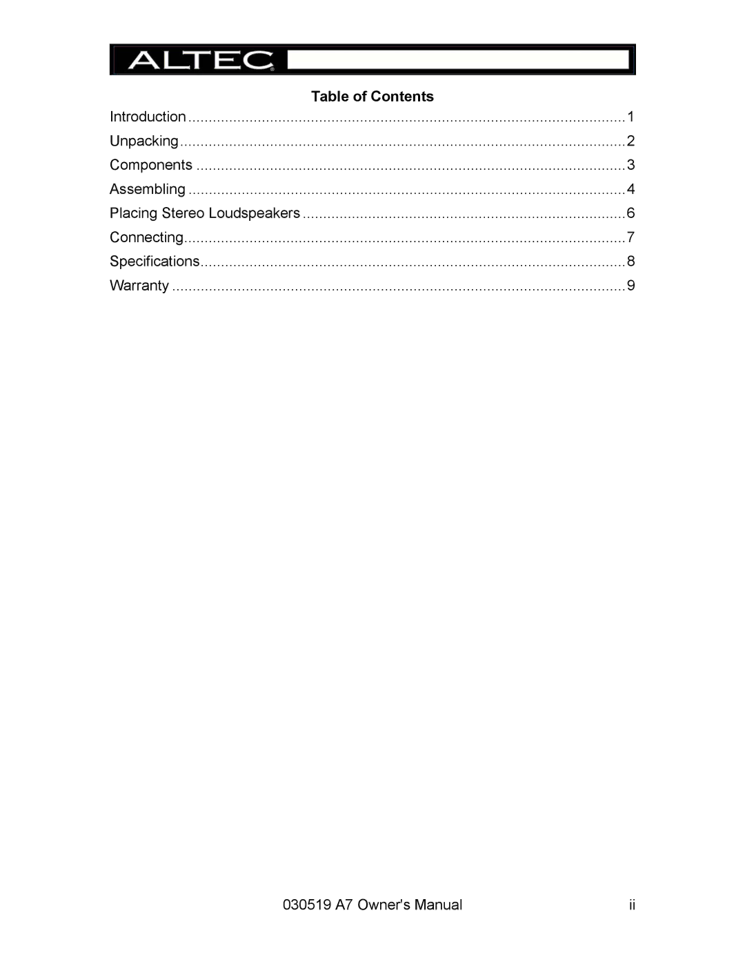 Altec Lansing A7 owner manual Table of Contents 