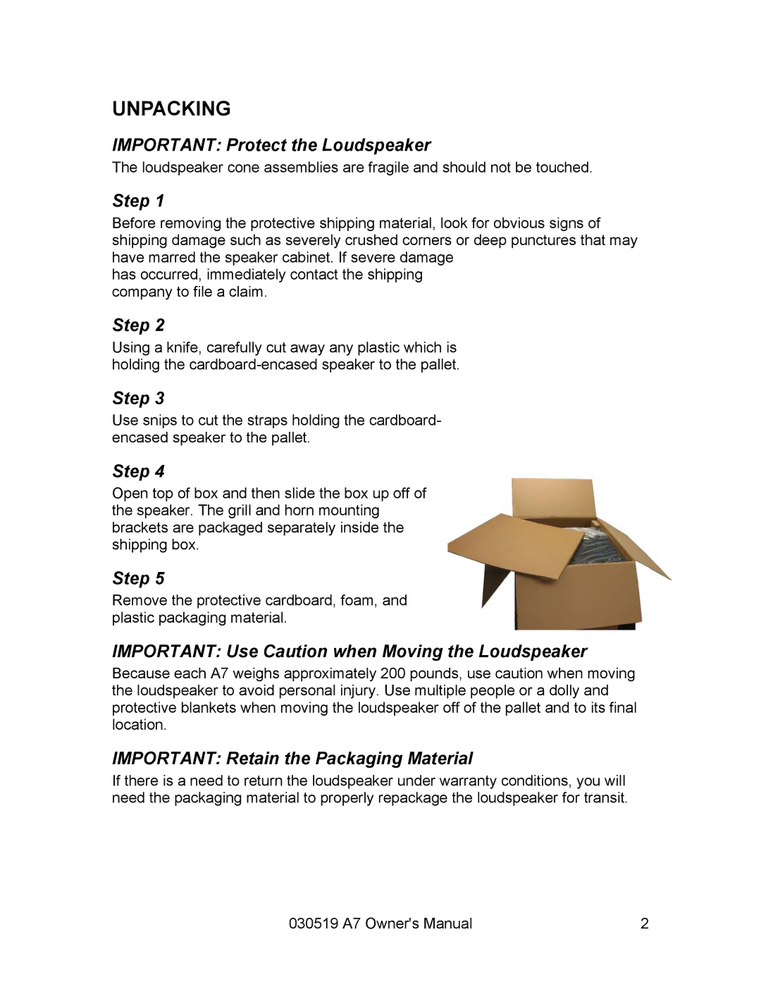 Altec Lansing A7 Unpacking, Important Protect the Loudspeaker, Step, Important Use Caution when Moving the Loudspeaker 