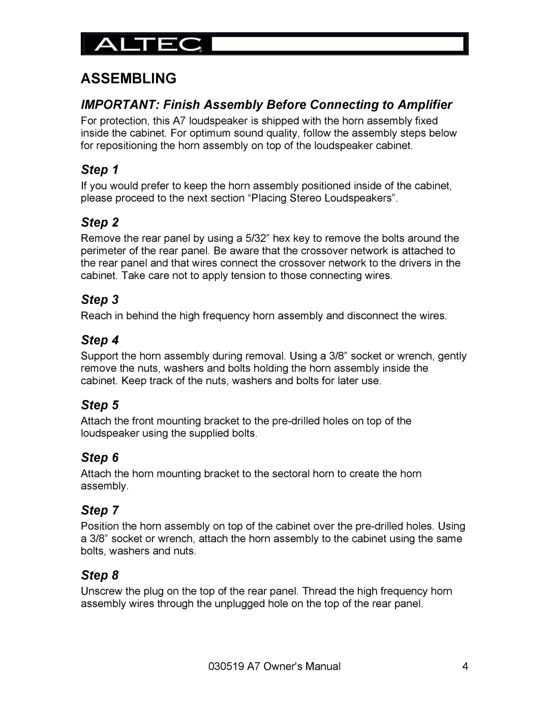 Altec Lansing A7 owner manual Assembling, Important Finish Assembly Before Connecting to Amplifier 