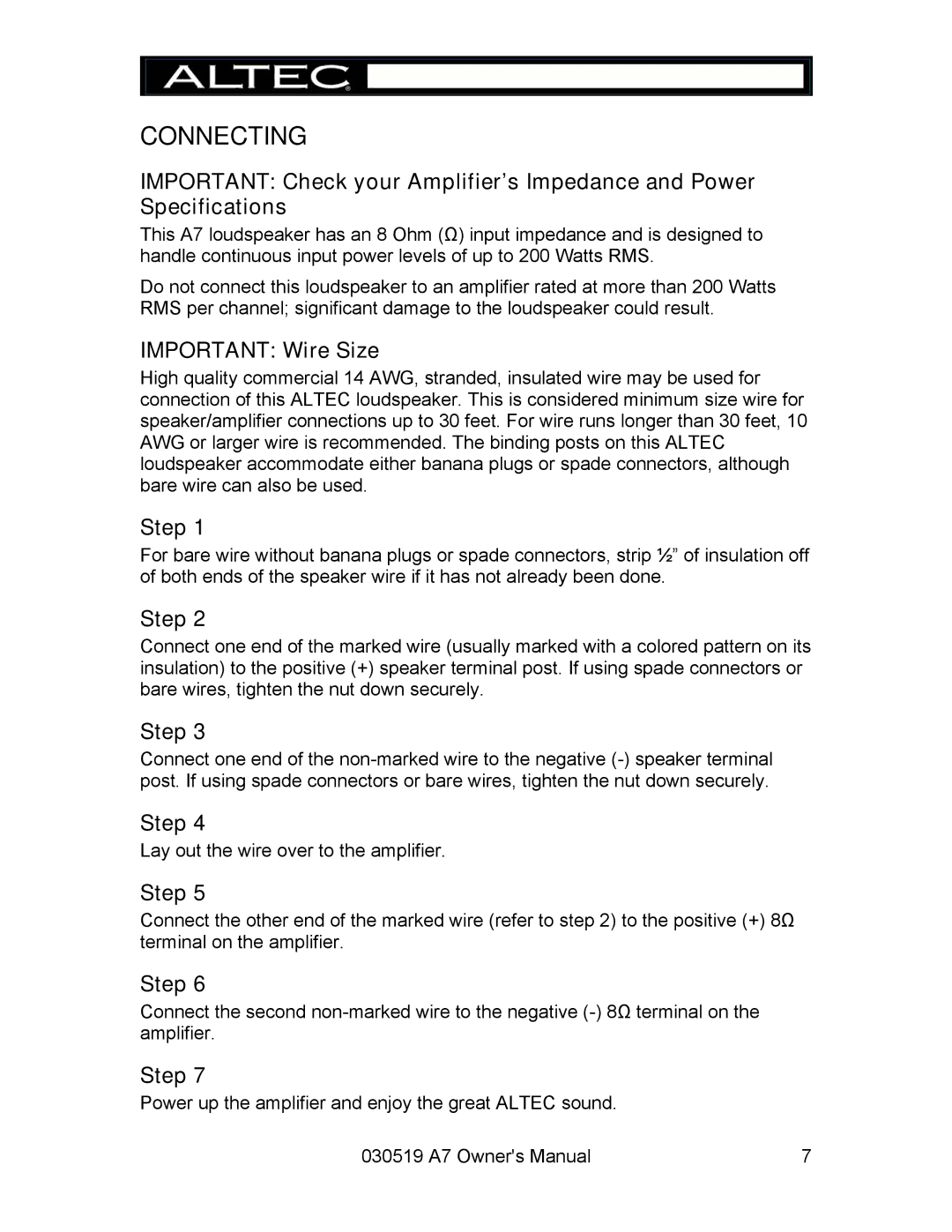 Altec Lansing A7 owner manual Connecting, Important Wire Size 