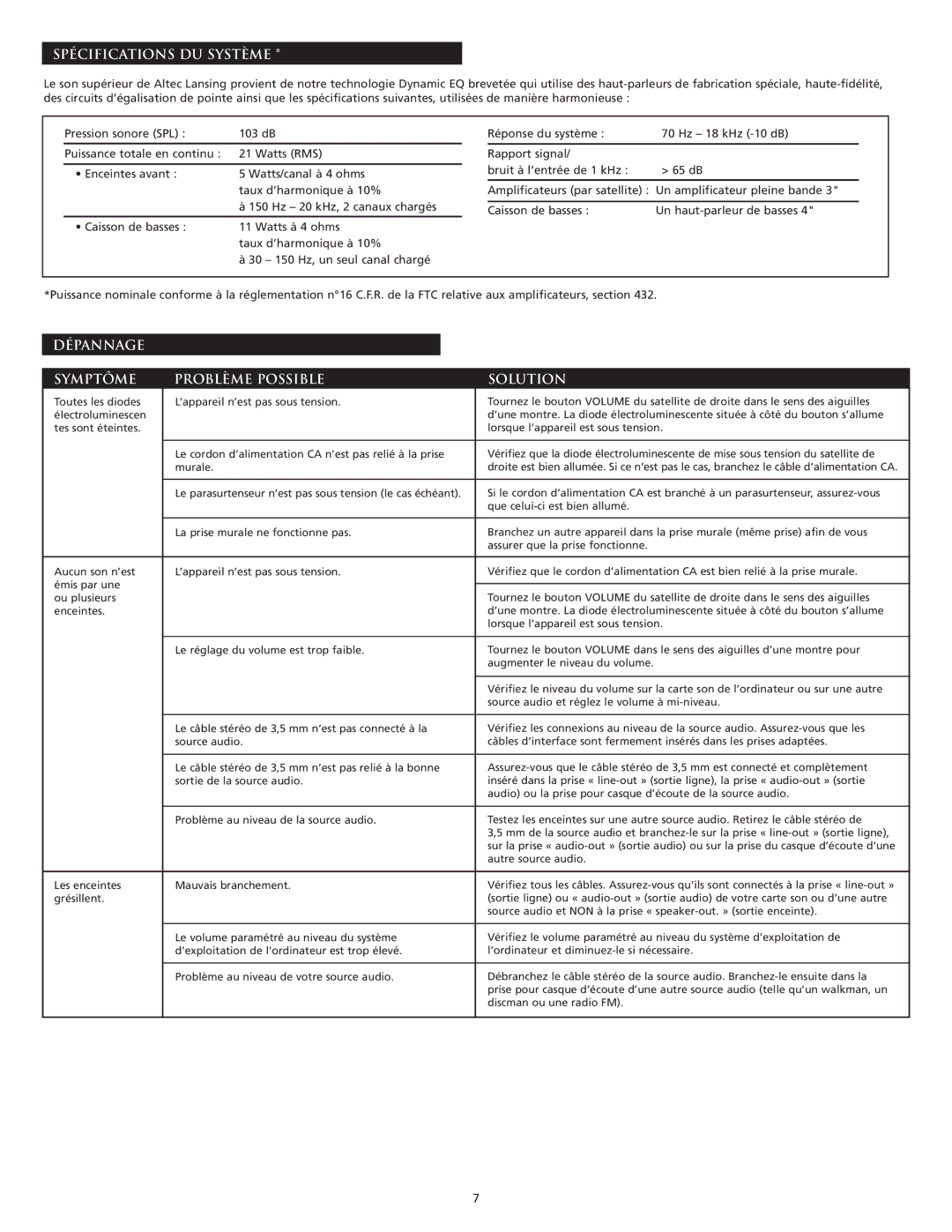 Altec Lansing ACS33BW manual Spécifications DU Système, Dépannage Symptôme Problème Possible Solution 