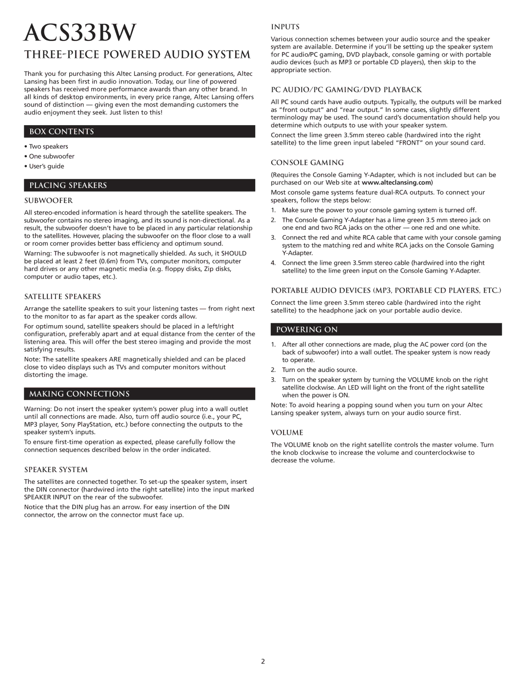 Altec Lansing ACS33BW manual BOX Contents, Placing Speakers, Making Connections, Powering on 