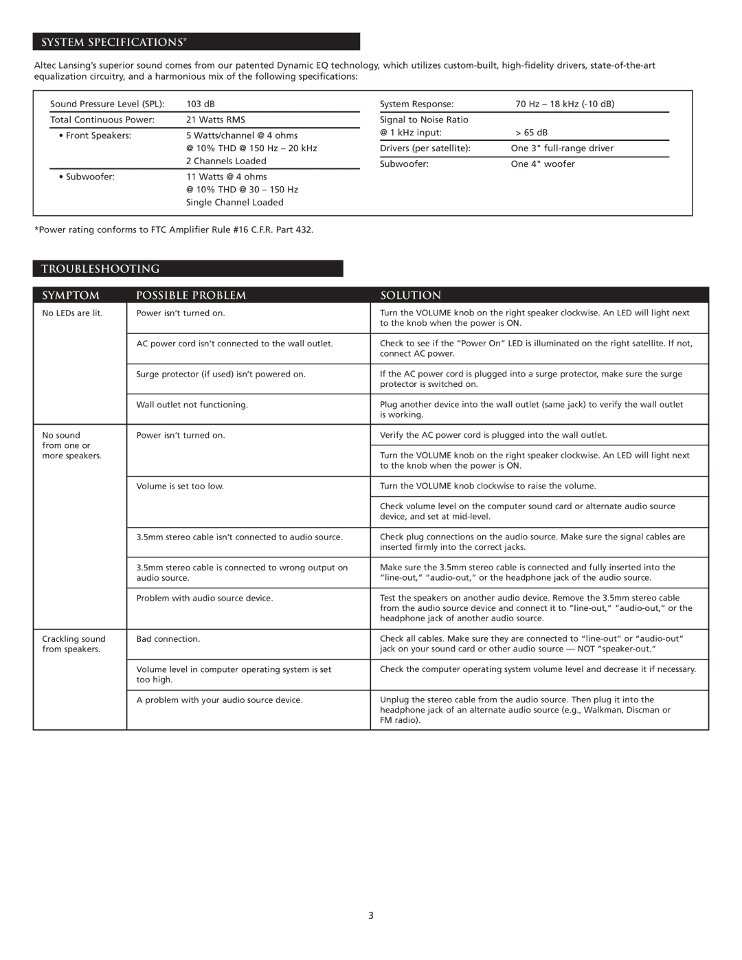 Altec Lansing ACS33BW manual System Specifications, Troubleshooting Symptom Possible Problem Solution 