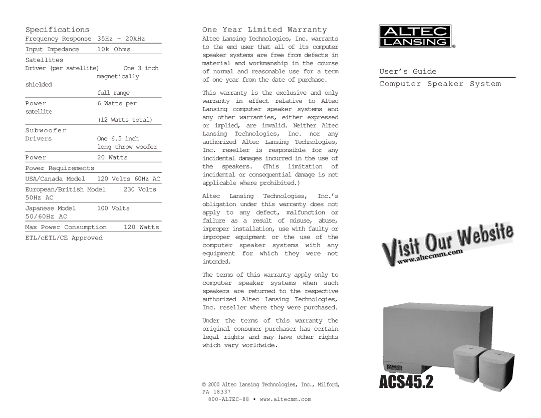 Altec Lansing ACS45.2 specifications Specifications, One Year Limited Warranty, User’s Guide Computer Speaker System 