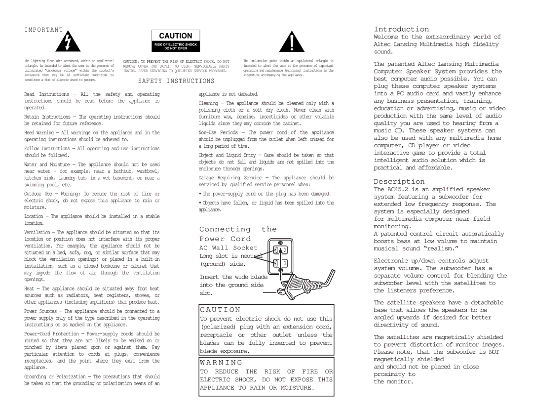 Altec Lansing ACS45.2 specifications Introduction, Connecting Power Cord, Description 