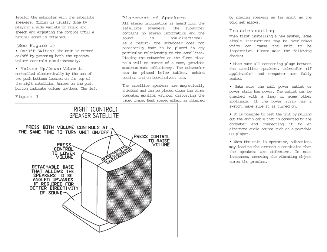 Altec Lansing ACS45.2 specifications See Figure, Placement of Speakers, Troubleshooting 