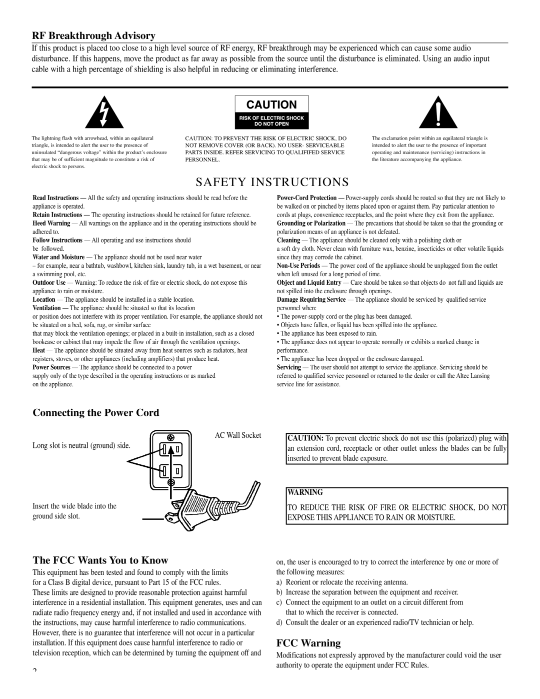 Altec Lansing ADA880 manual RF Breakthrough Advisory, Connecting the Power Cord, FCC Wants You to Know, FCC Warning 