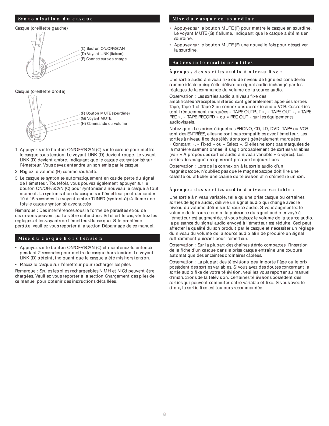 Altec Lansing AHP 612 manual Syntonisation du casque, Mise du casque hors tension, Mise du casque en sourdine 