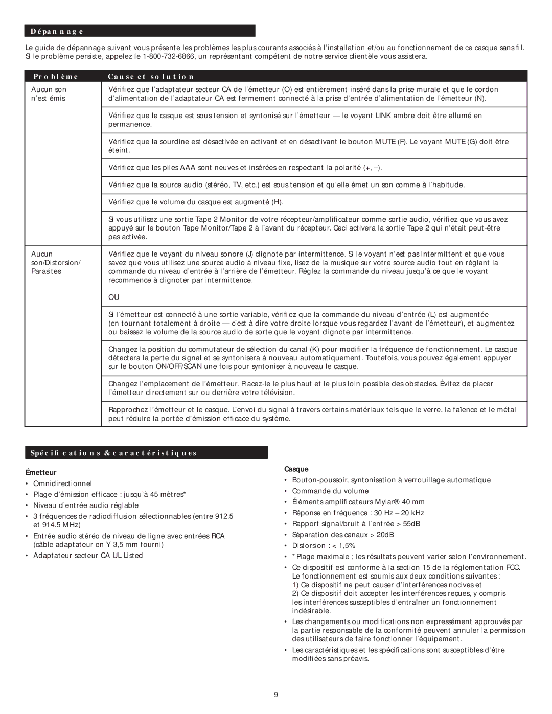 Altec Lansing AHP 612 manual Dépannage, Problème Cause et solution, Spéciﬁcations & caractéristiques, Émetteur, Casque 