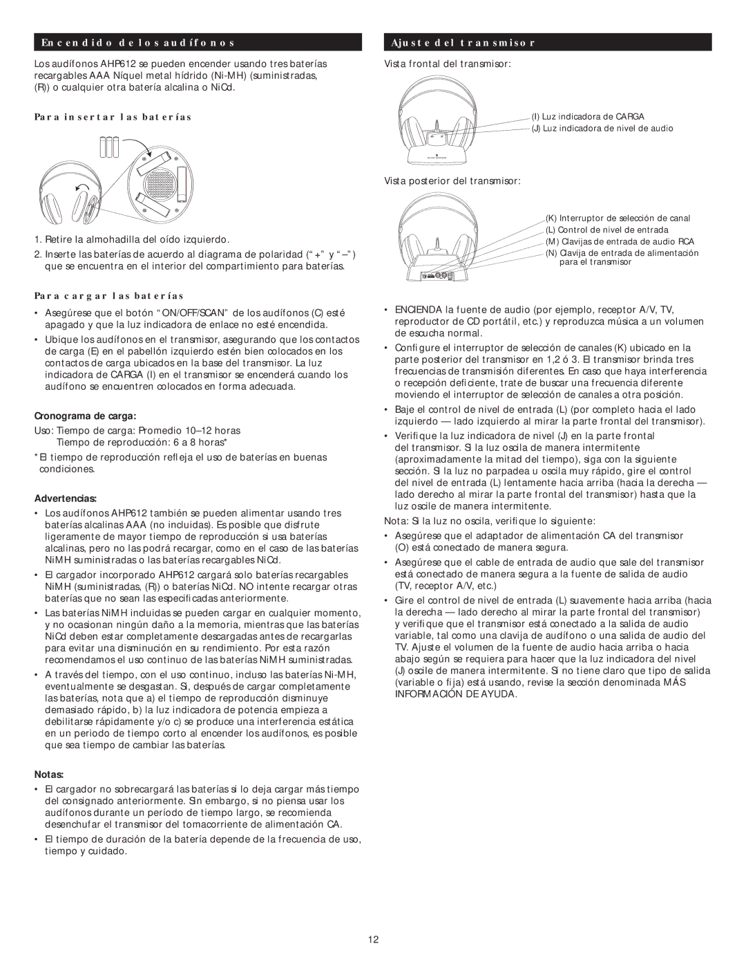 Altec Lansing AHP 612 manual Encendido de los audífonos, Cronograma de carga, Advertencias, Notas, Ajuste del transmisor 