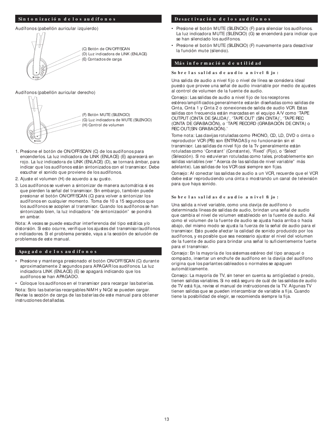 Altec Lansing AHP 612 manual Sintonización de los audífonos, Apagado de los audífonos, Desactivación de los audífonos 