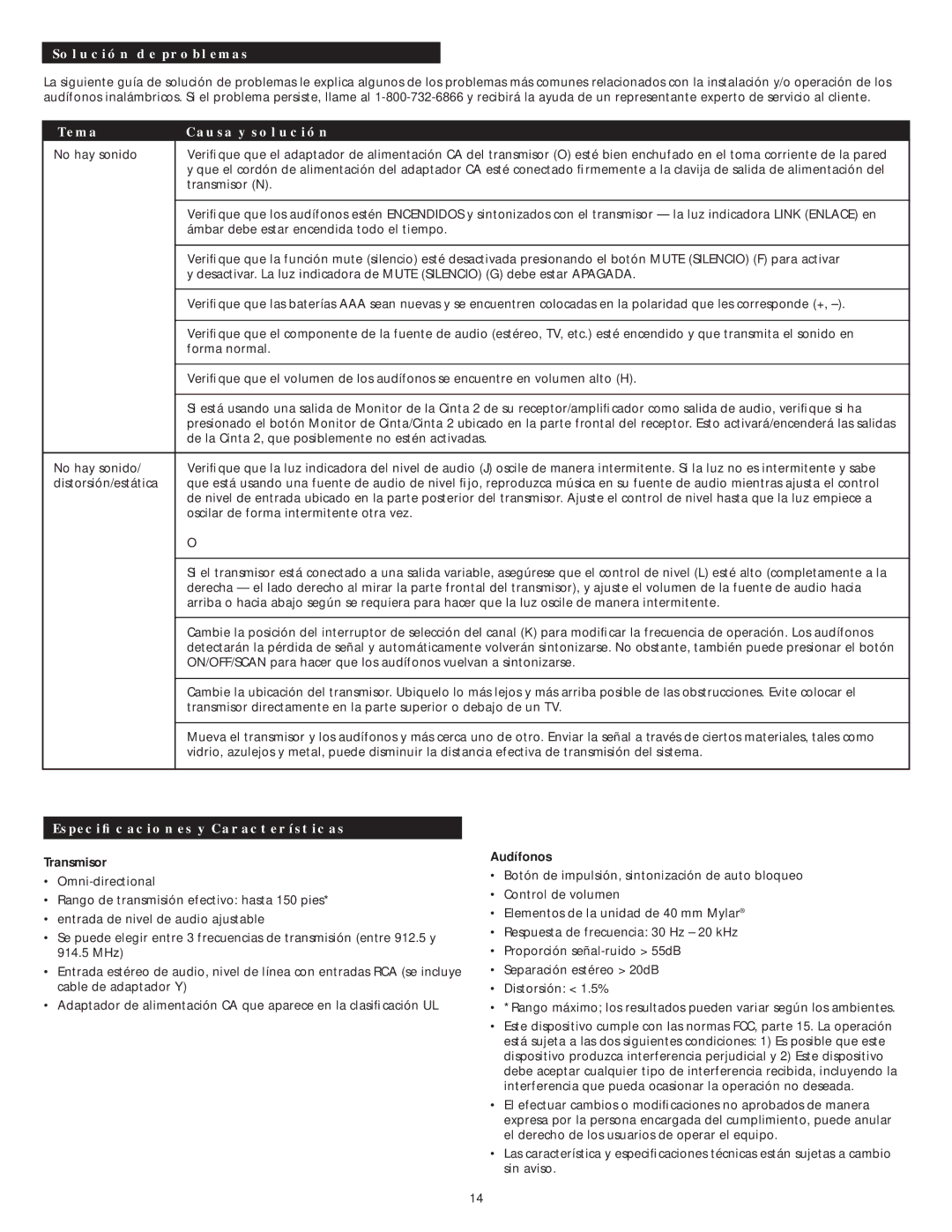 Altec Lansing AHP 612 manual Solución de problemas, Tema Causa y solución, Especiﬁcaciones y Características, Transmisor 