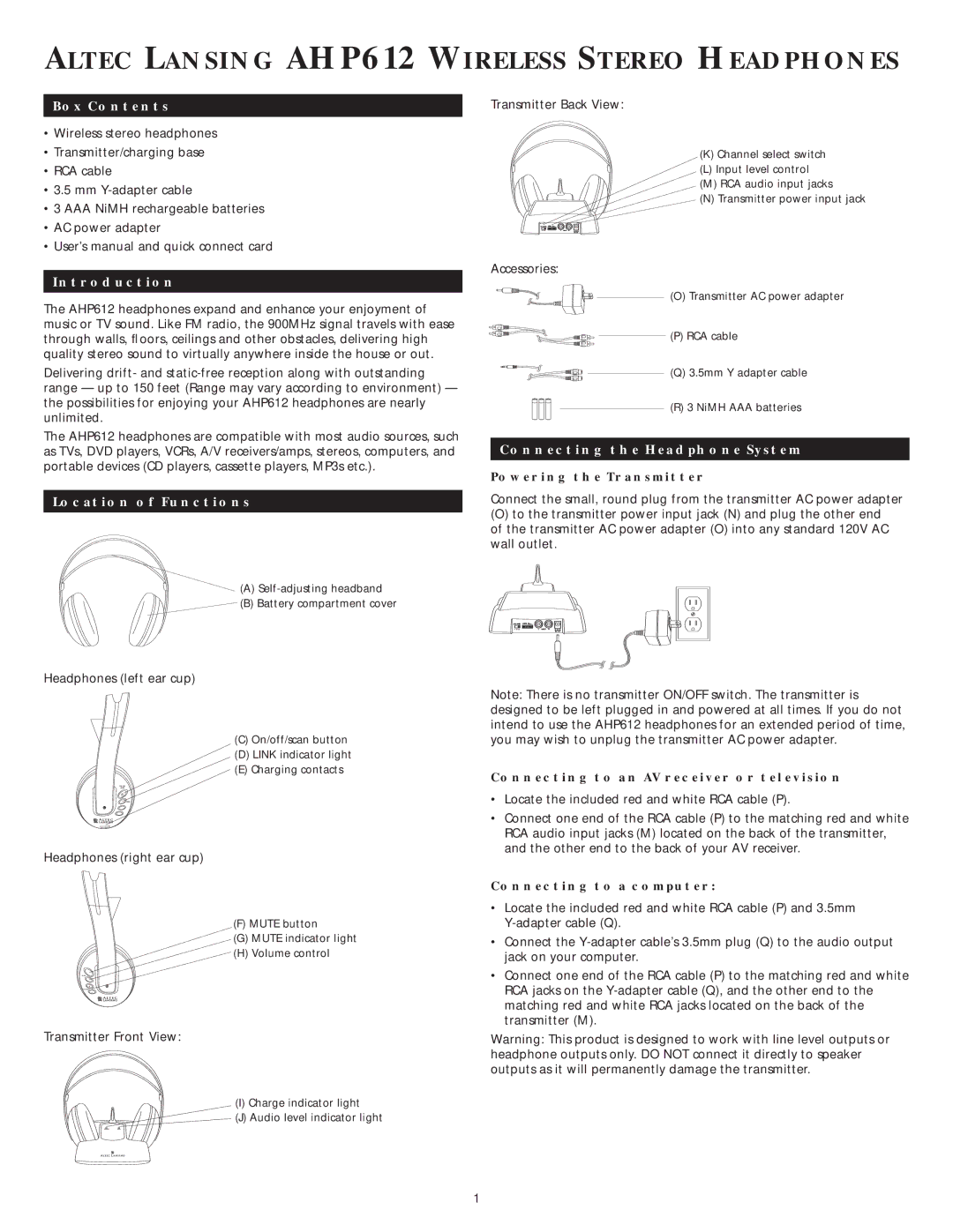 Altec Lansing AHP 612 manual Box Contents, Introduction, Location of Functions, Connecting the Headphone System 