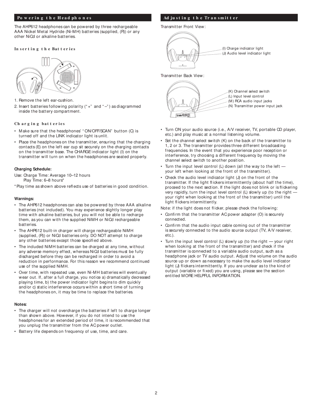 Altec Lansing AHP 612 manual Powering the Headphones, Inserting the Batteries, Charging batteries, Charging Schedule 