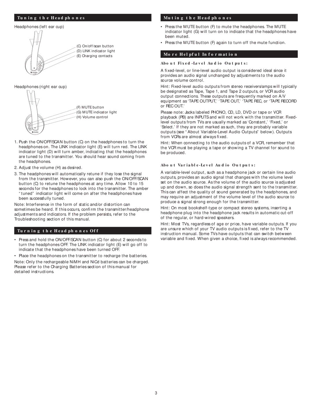 Altec Lansing AHP 612 Tuning the Headphones, Turning the Headphones Off, Muting the Headphones, More Helpful Information 