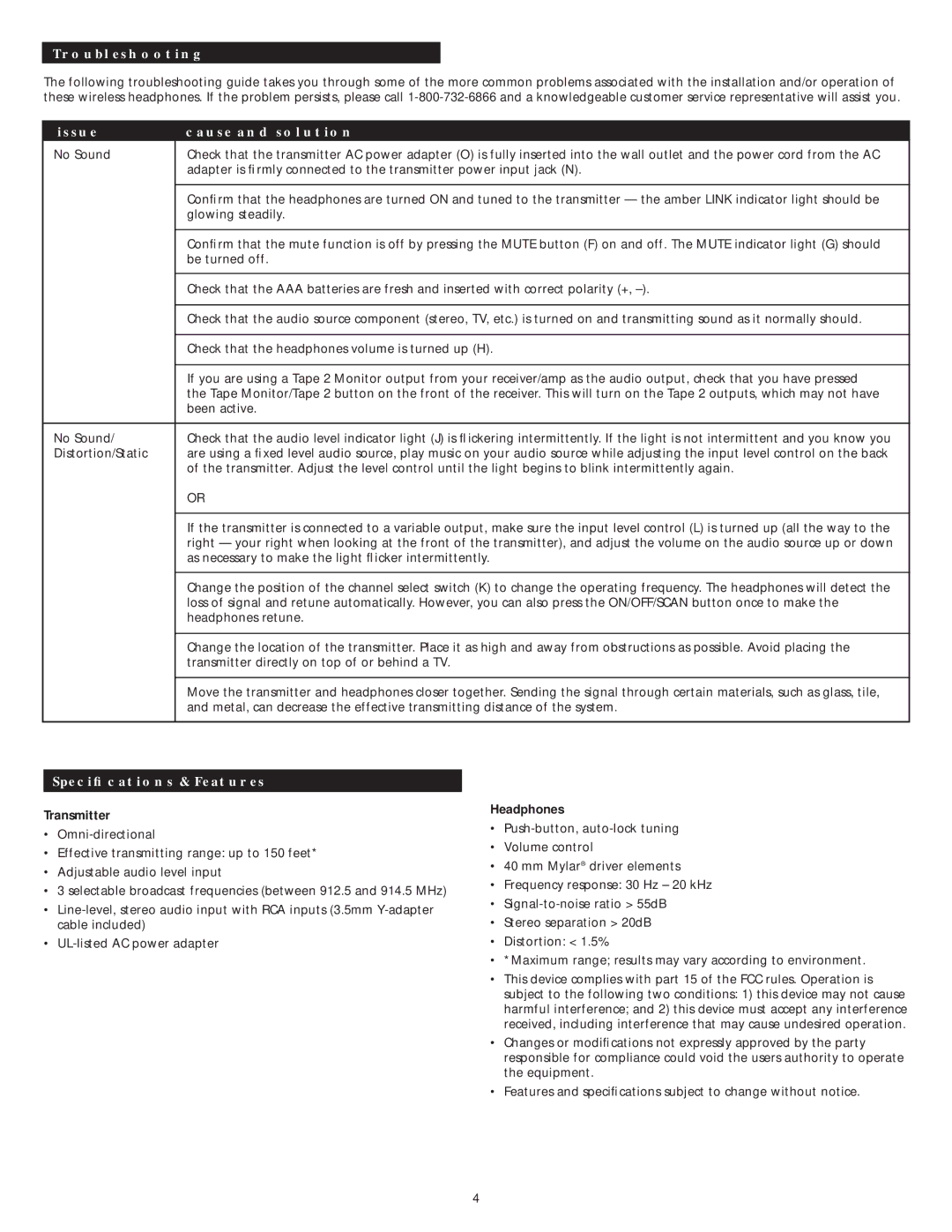 Altec Lansing AHP 612 manual Troubleshooting, Issue Cause and solution, Speciﬁcations & Features, Transmitter, Headphones 