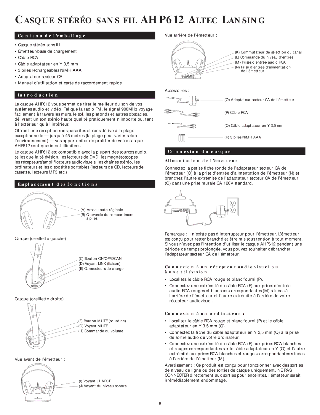 Altec Lansing AHP 612 Contenu de l’emballage, Emplacement des fonctions, Connexion du casque, Alimentation de l’émetteur 