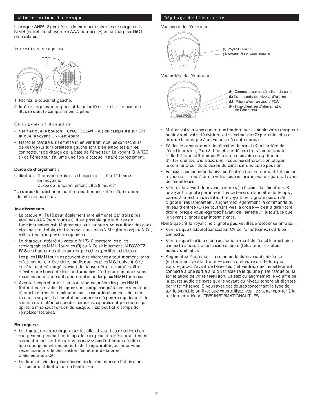 Altec Lansing AHP 612 manual Alimentation du casque, Durée de chargement, Avertissements, Remarques, Réglage de l’émetteur 