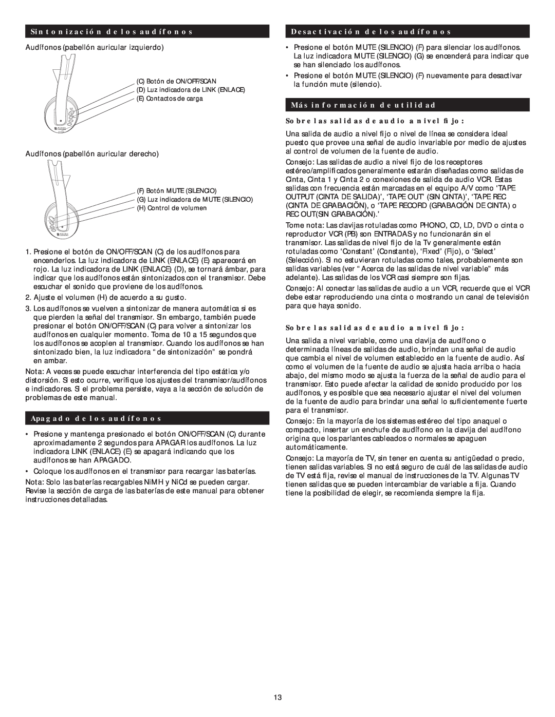Altec Lansing AHP 612 manual Sintonización de los audífonos, Apagado de los audífonos, Desactivación de los audífonos 